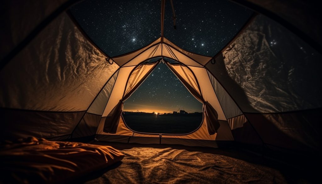 Nighttime camping adventure in illuminated mountain range generated by artificial intelligence